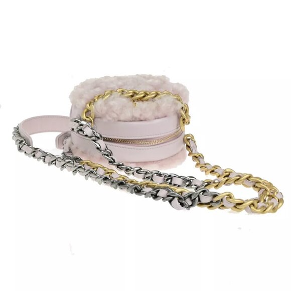 CHANEL 19 CC Logo Round Chain Shoulder Bag Shearling Leather Pink GHW 382RK077 - Picture 11 of 16